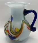 Murano Style Art Glass Pitcher Vase Handle Colorful Swirl Confetti Effect 7". Fixed Price $39.95.